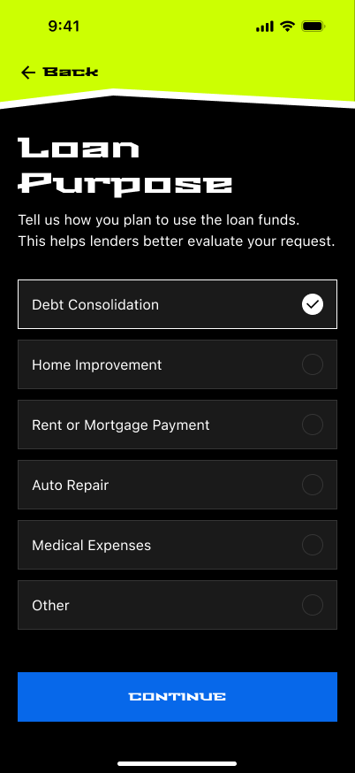 Loan purpose selection